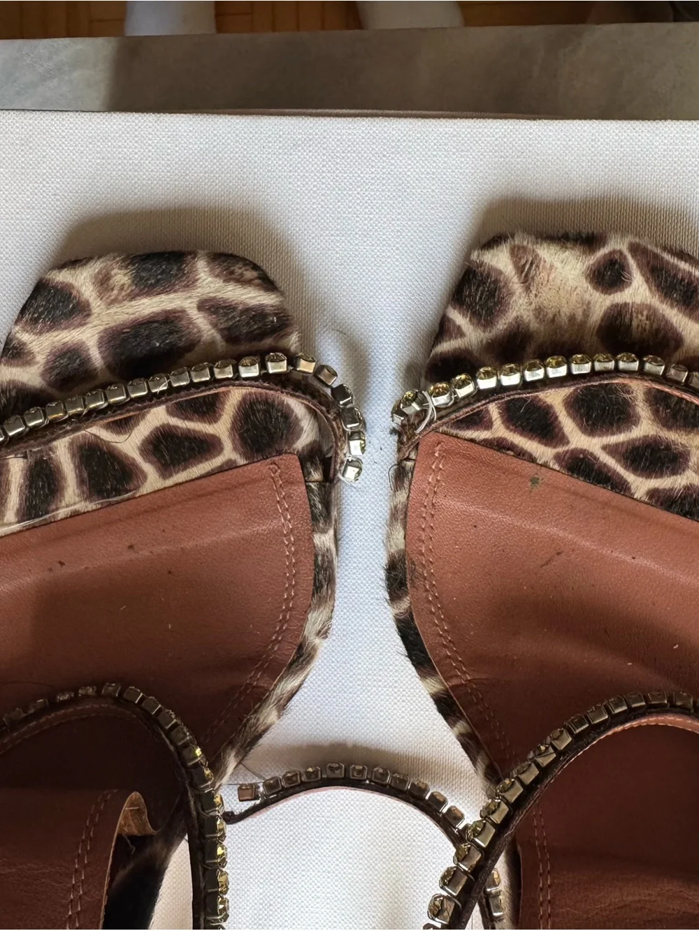 Amina Muaddi Giraffe-Print Crystal Strap Heels in Black & White Size 8